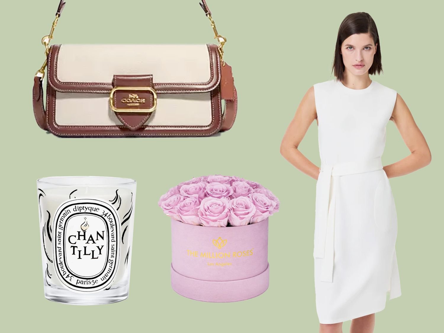 Woman wearing away White Dress, coach Purse, Candle, and pink Roses