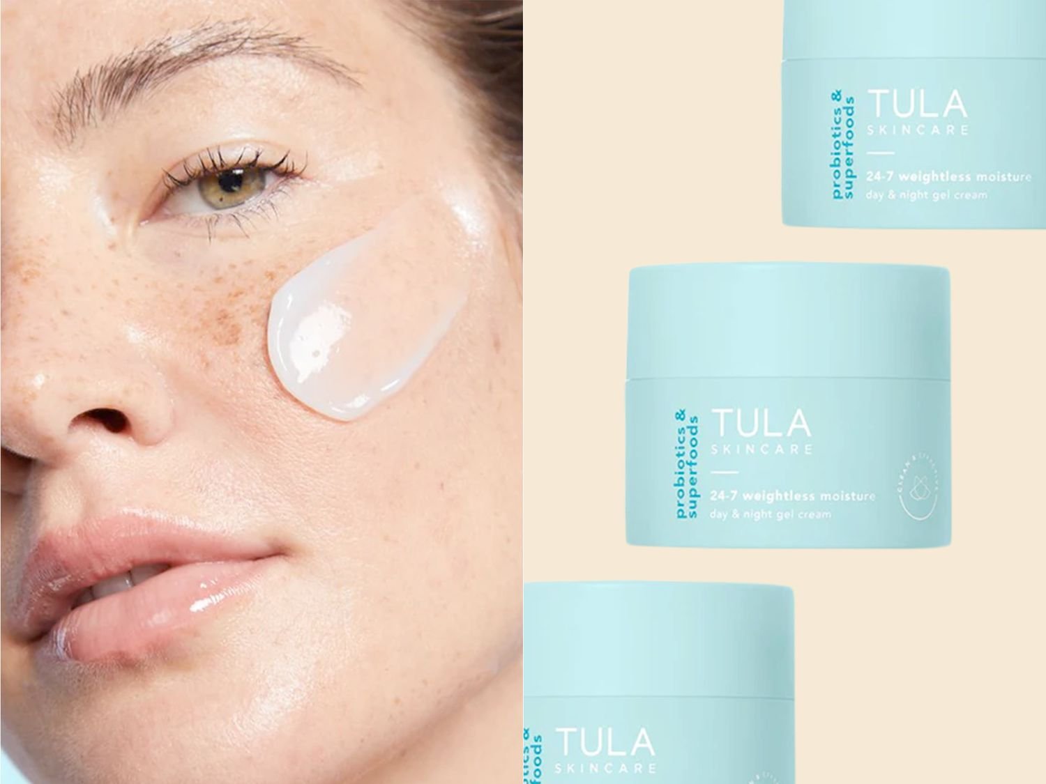 Woman with Skin pick on Her Cheek and Tula Moisturizer Product