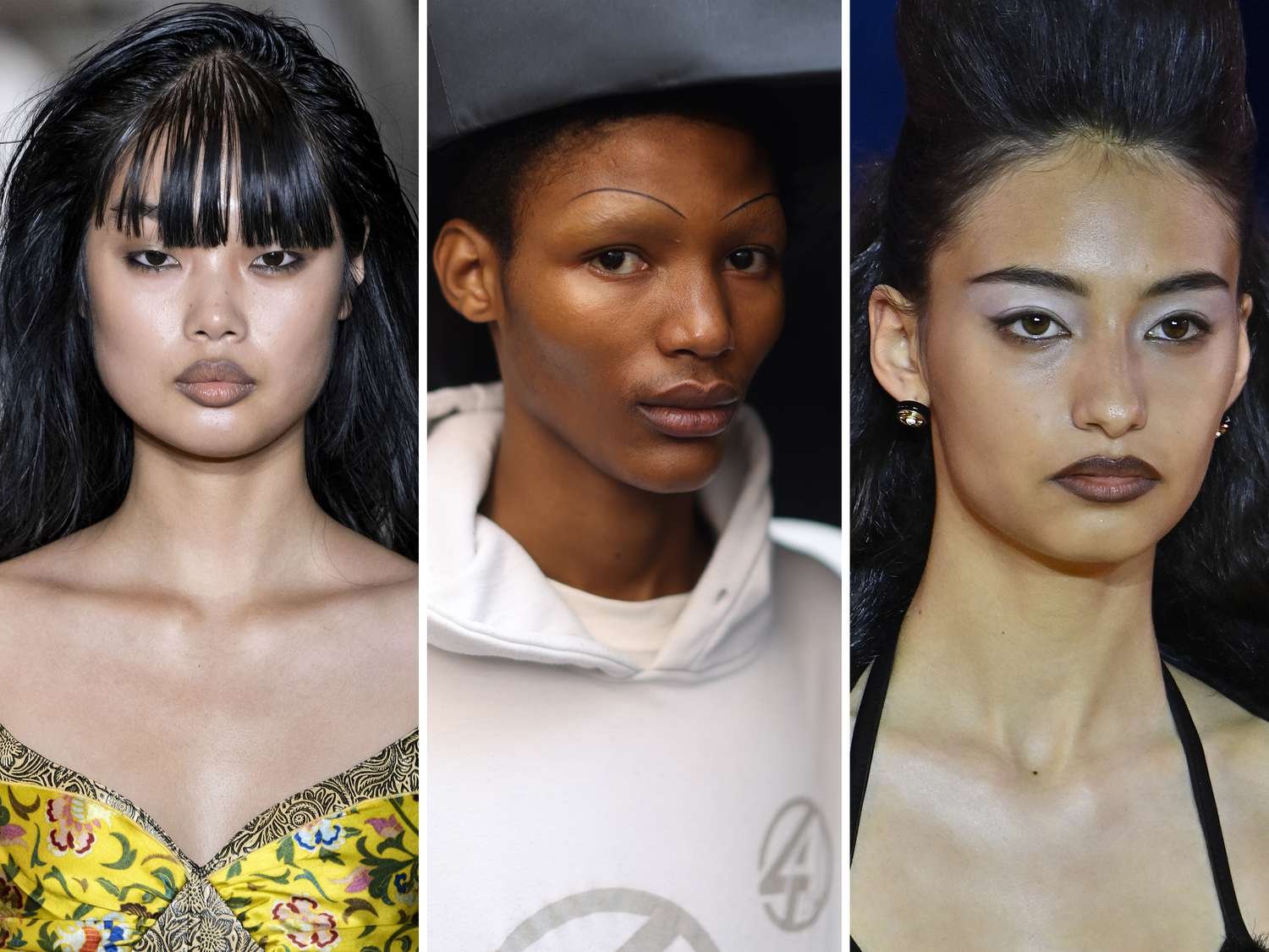 collage of models with bangs, thin eyebrows, and bold dark lip