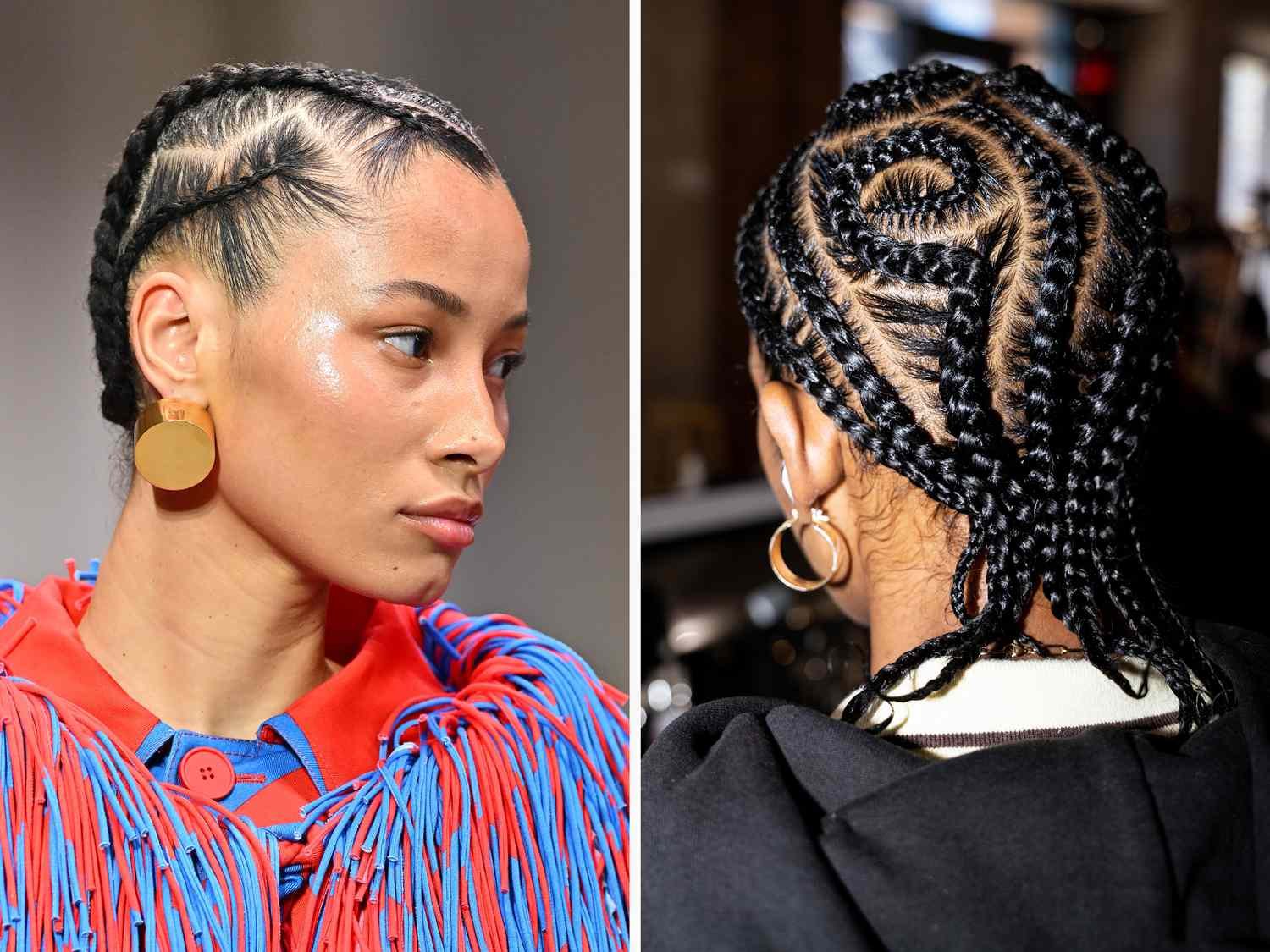 collage of model with cornrow braids wearing away gold earring on runway