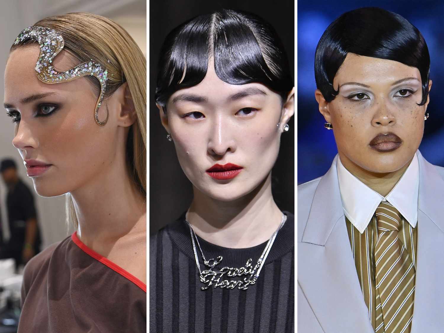 collage of model with various slipperiness back hairstyles