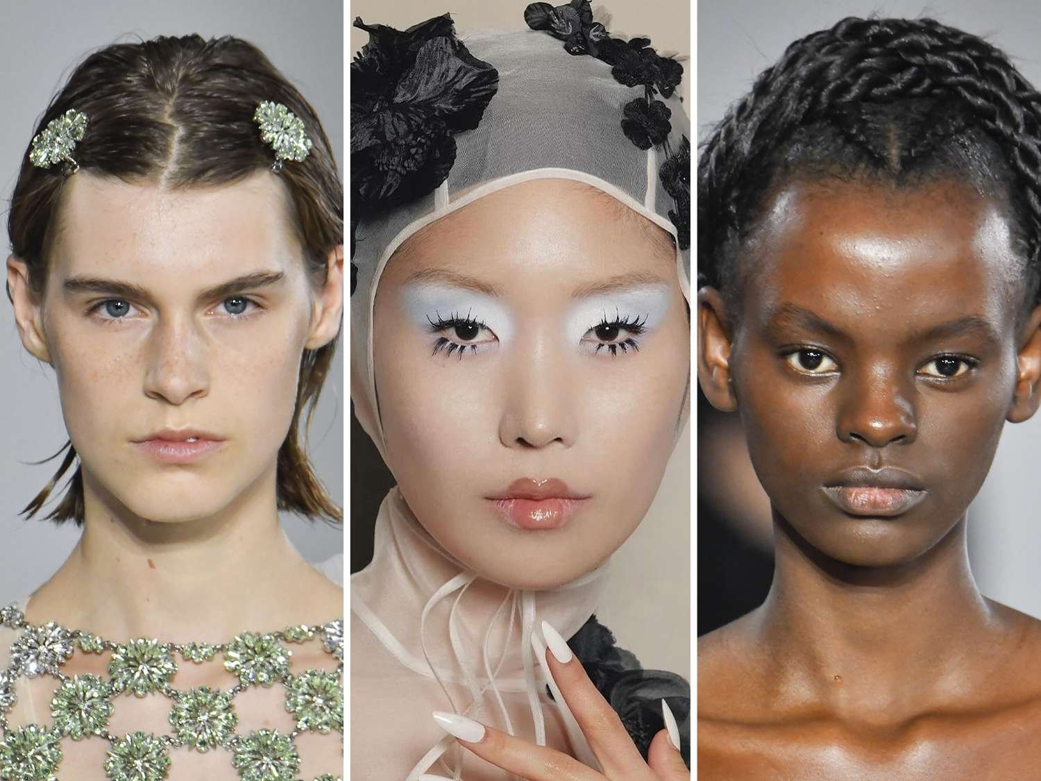 collage theoretical account wearing light war paint and hair cli, one theoretical account with visible light blue eyeshadow and chunky eyelashes, and I model with braid bun