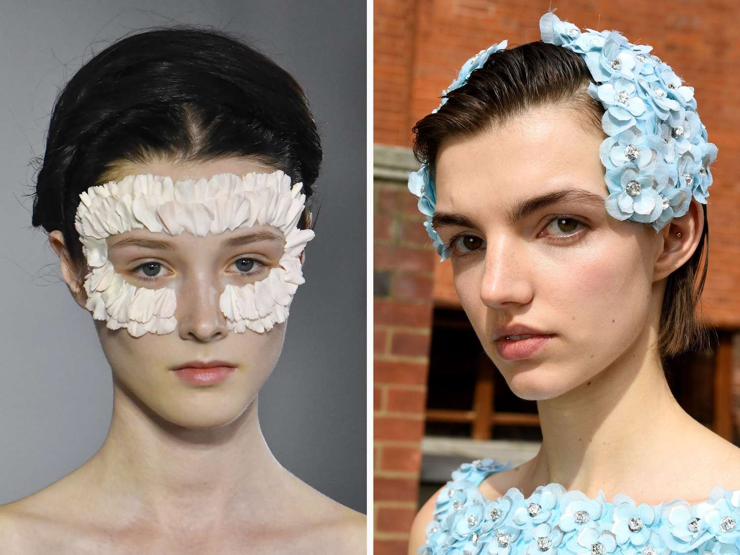 collage of model with flower hair and face accessories