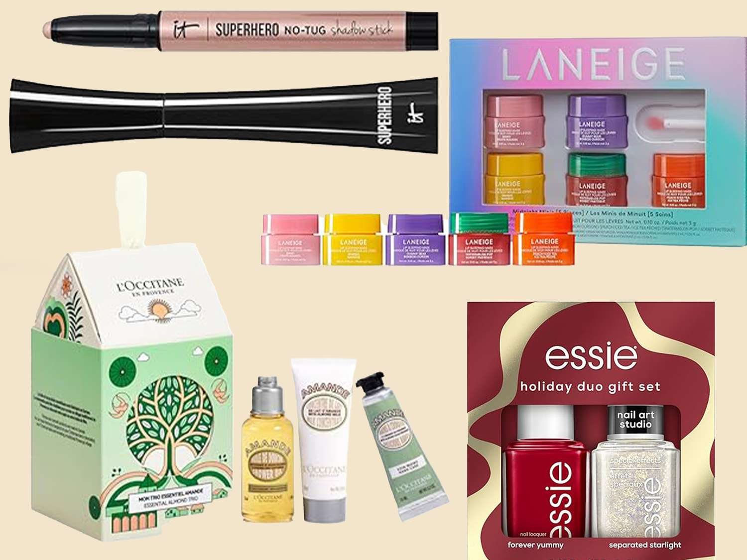 eye shadow stick, laneige lip balm, l'occitane gift set, essie nail polish duo set