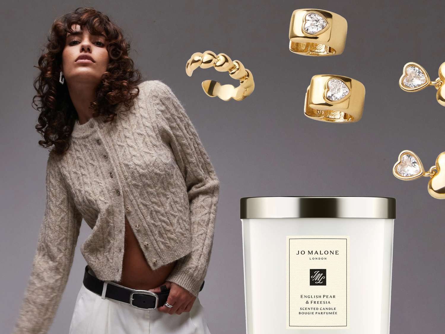Cardigan, Jo Edmund Malone candle, Gold earrings