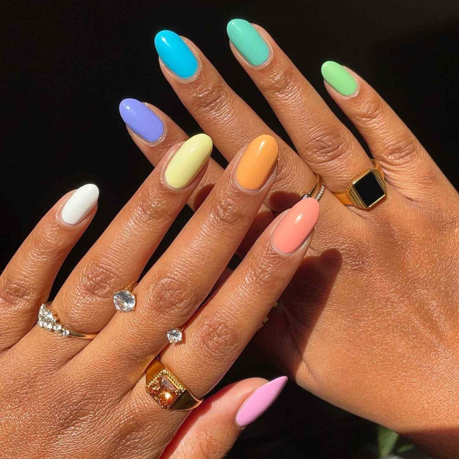Pastel Skittle Nails in which there's A different bright color on every nail