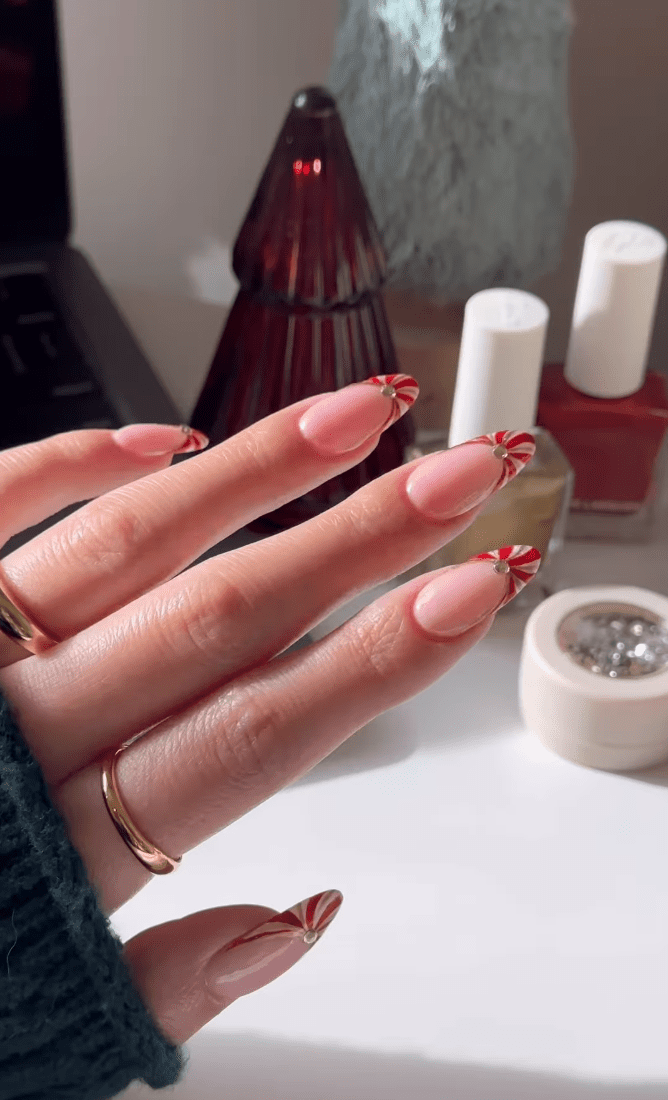 Gem French Candy cane Nails