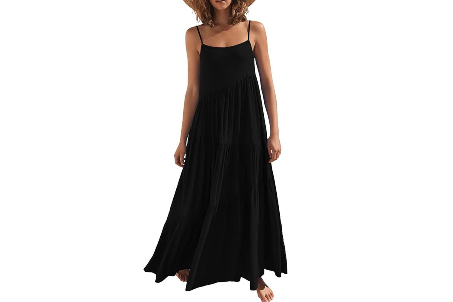 Amazon ANRABESS adult female summertime casual unloose sleeveless Sundress Spaghetti Strap Flowy Boho Linen beach holiday Maxi yearn Dress