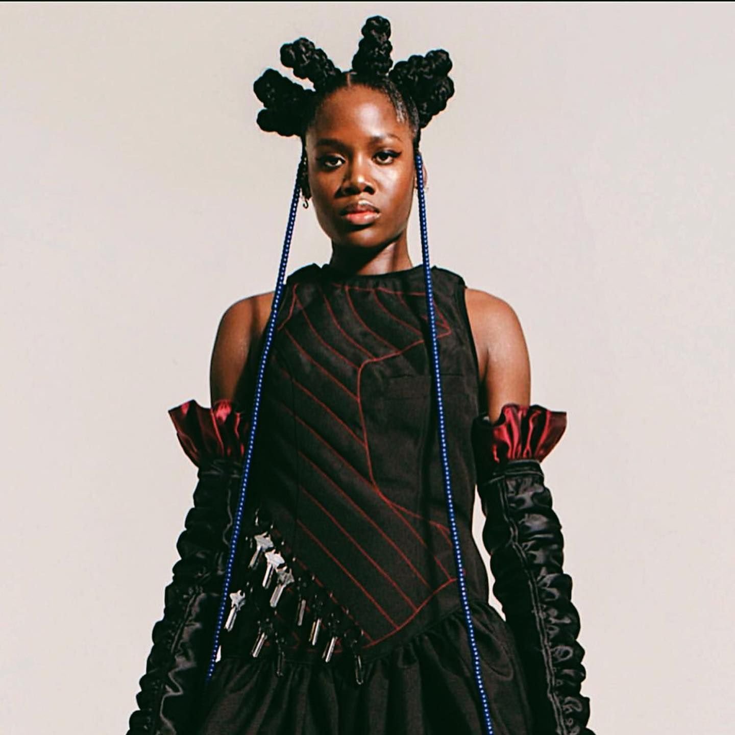 A individual with plait Bantu knot and two long blue tress on the sides