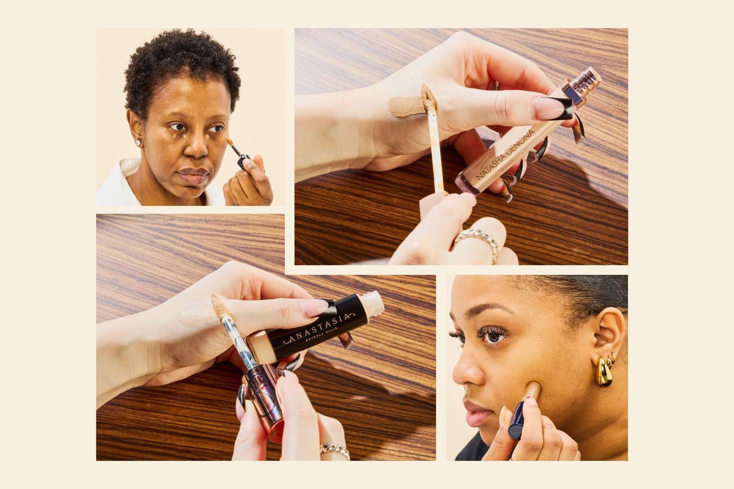 Best concealers showcasing four different people applying concealers, two to their hands and 2 to their faces